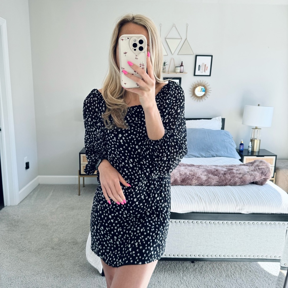 Reformation Black Polka Dot Sheer Long Sleeve Mini Dress Size Small